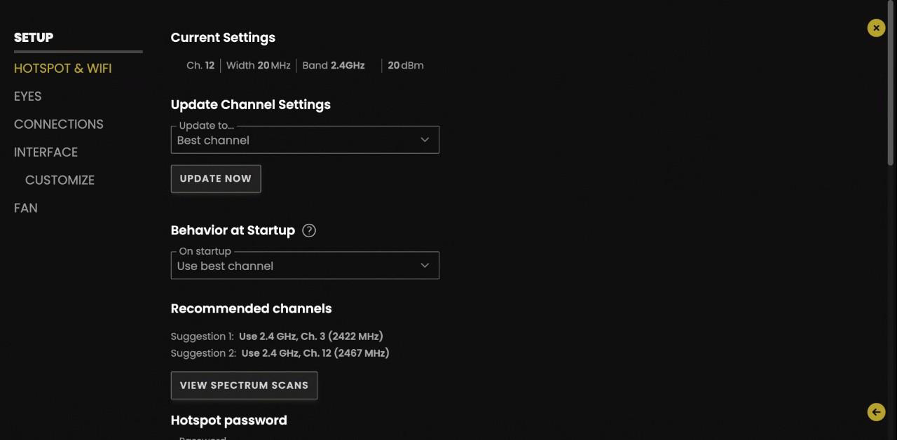 Pantalla Hotspot & WiFi de Moon: Update to best channel, Behavior at Startup, canales recomendados