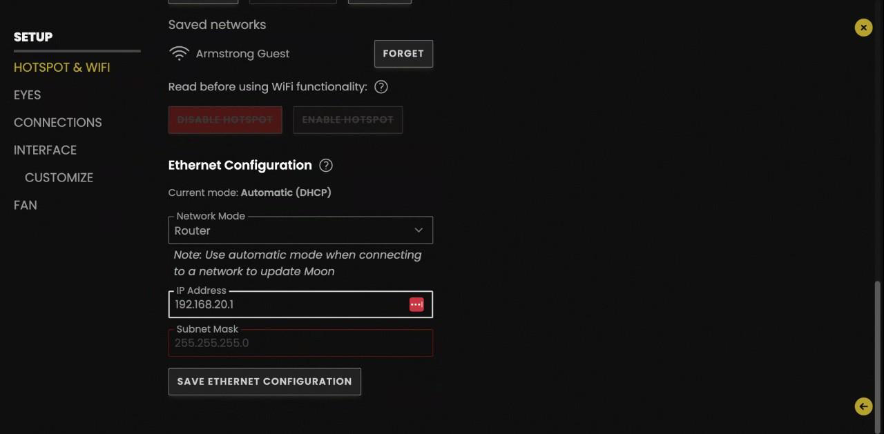 Ethernet Configuration en Moon: Network Mode Router, IP Address 192.168.20.1, Subnet Mask 255.255.255.0