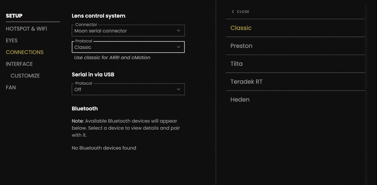 Pantalla Connections en Moon: Lens control system con conector y protocolo (Classic, Preston, Tilta, Teradek RT, Heden)