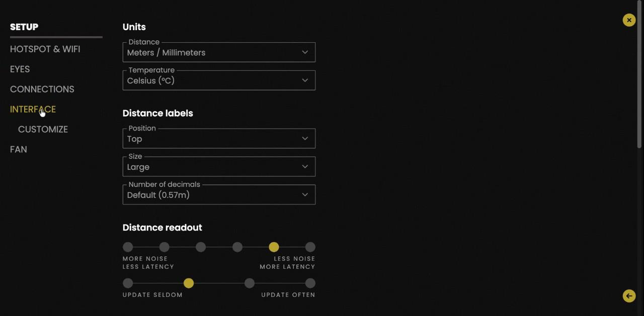 Pantalla Interface en Moon: Units, Distance labels (position, size, decimals) y Distance readout