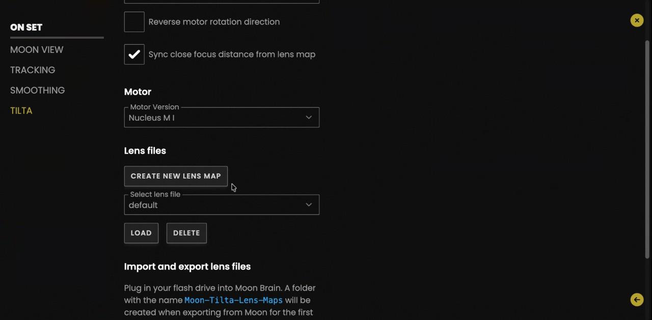 Pantalla Tilta en Moon: Motor version, Lens files, Create / Load / Delete lens map