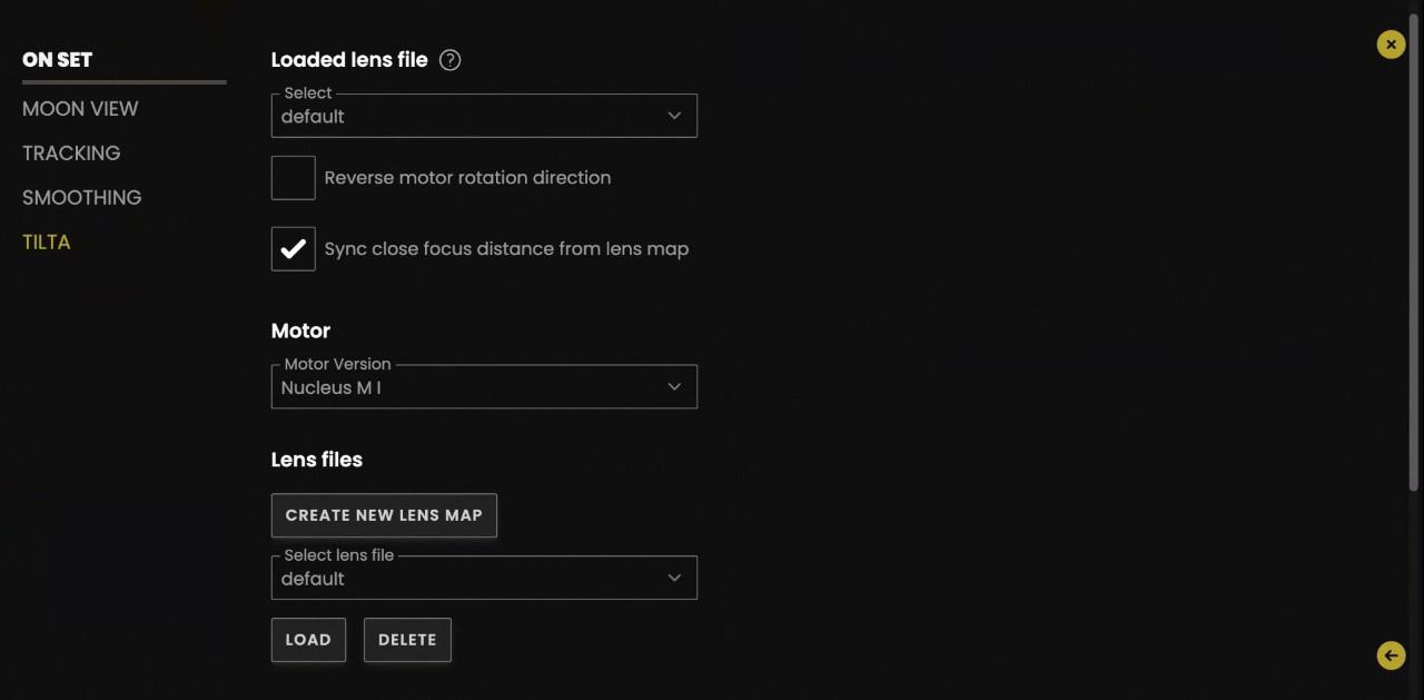 Vista detalle de Loaded lens file con Reverse motor rotation y Sync close focus distance